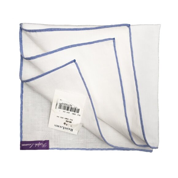 NEW Ralph Lauren Purple Label Linen Pocket Square! White With Blue Border  SMALL - Picture 2 of 2